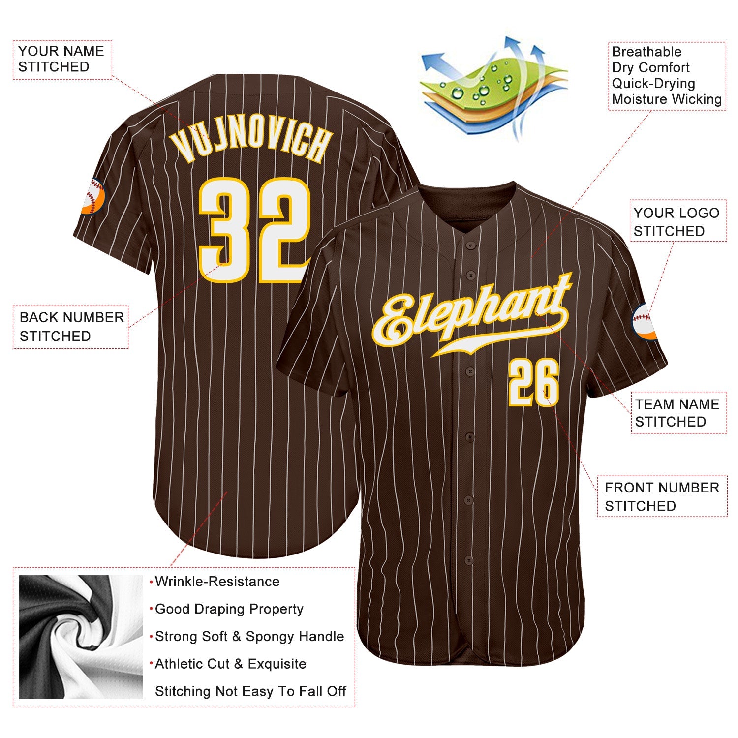 Custom Brown White Pinstripe White-Gold Authentic Baseball Jersey view 3