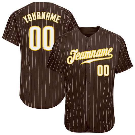 Custom Brown White Pinstripe White-Gold Authentic Baseball Jersey - Main View
