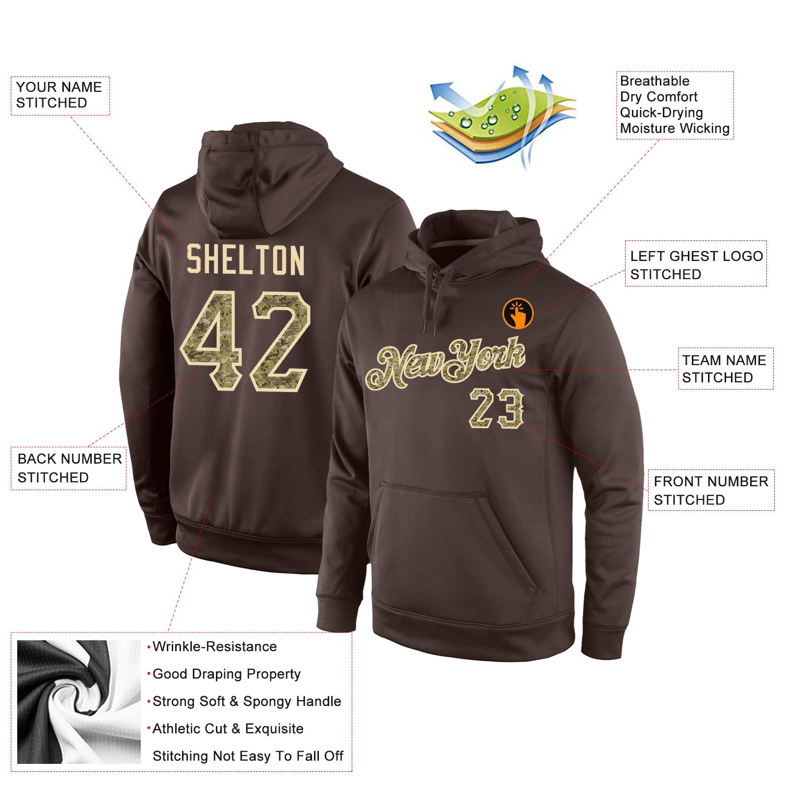 Custom Stitched Brown Camo-Cream Sports Pullover Sweatshirt Hoodie view 4