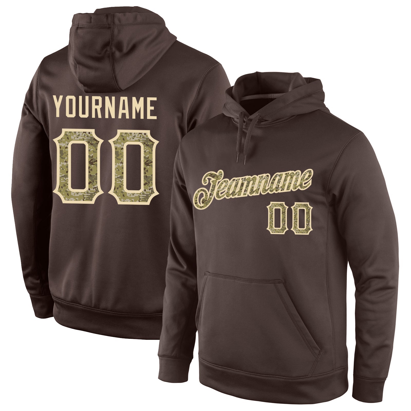 Custom Stitched Brown Camo-Cream Sports Pullover Sweatshirt Hoodie - Main View