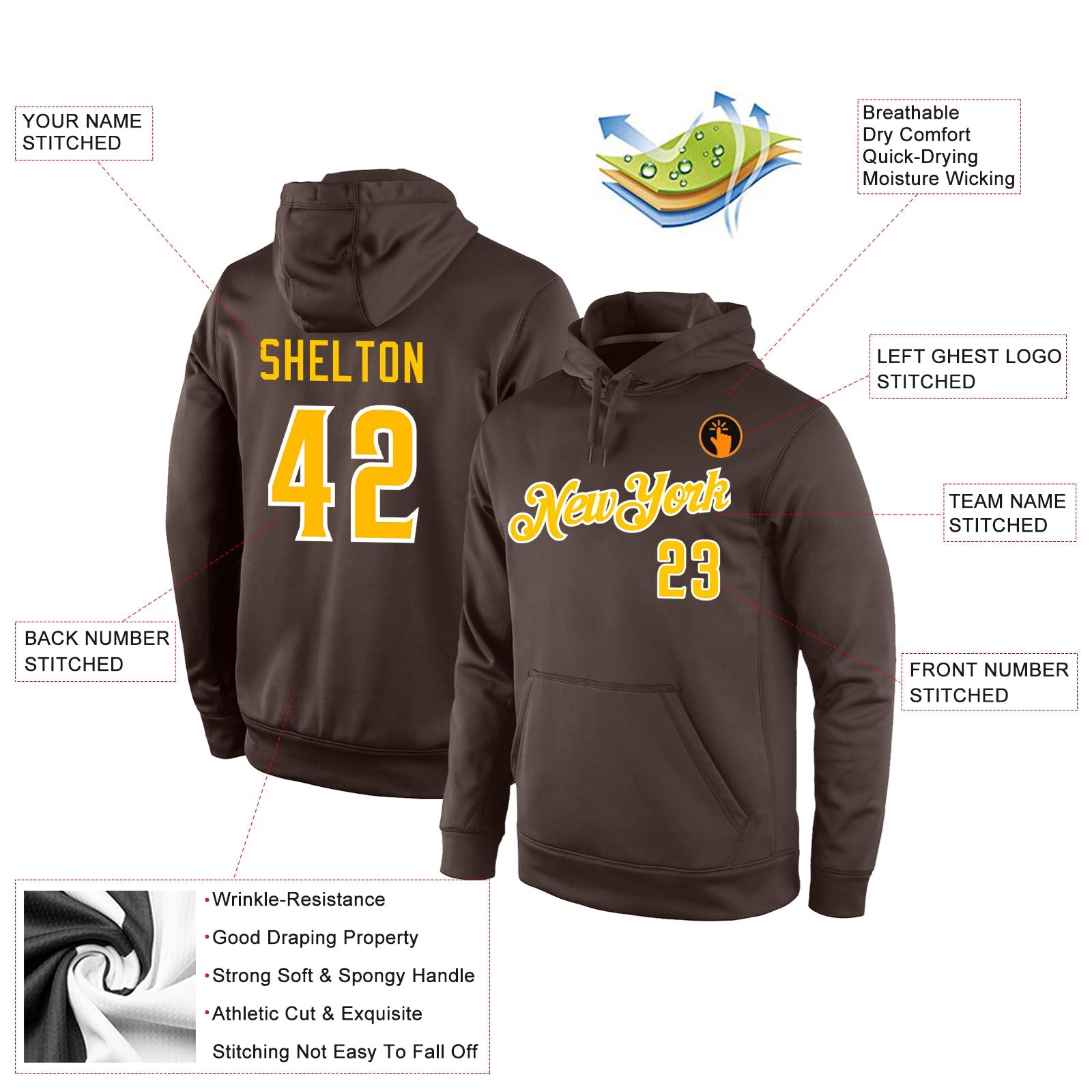 Custom Stitched Brown Gold-White Sports Pullover Sweatshirt Hoodie view 4
