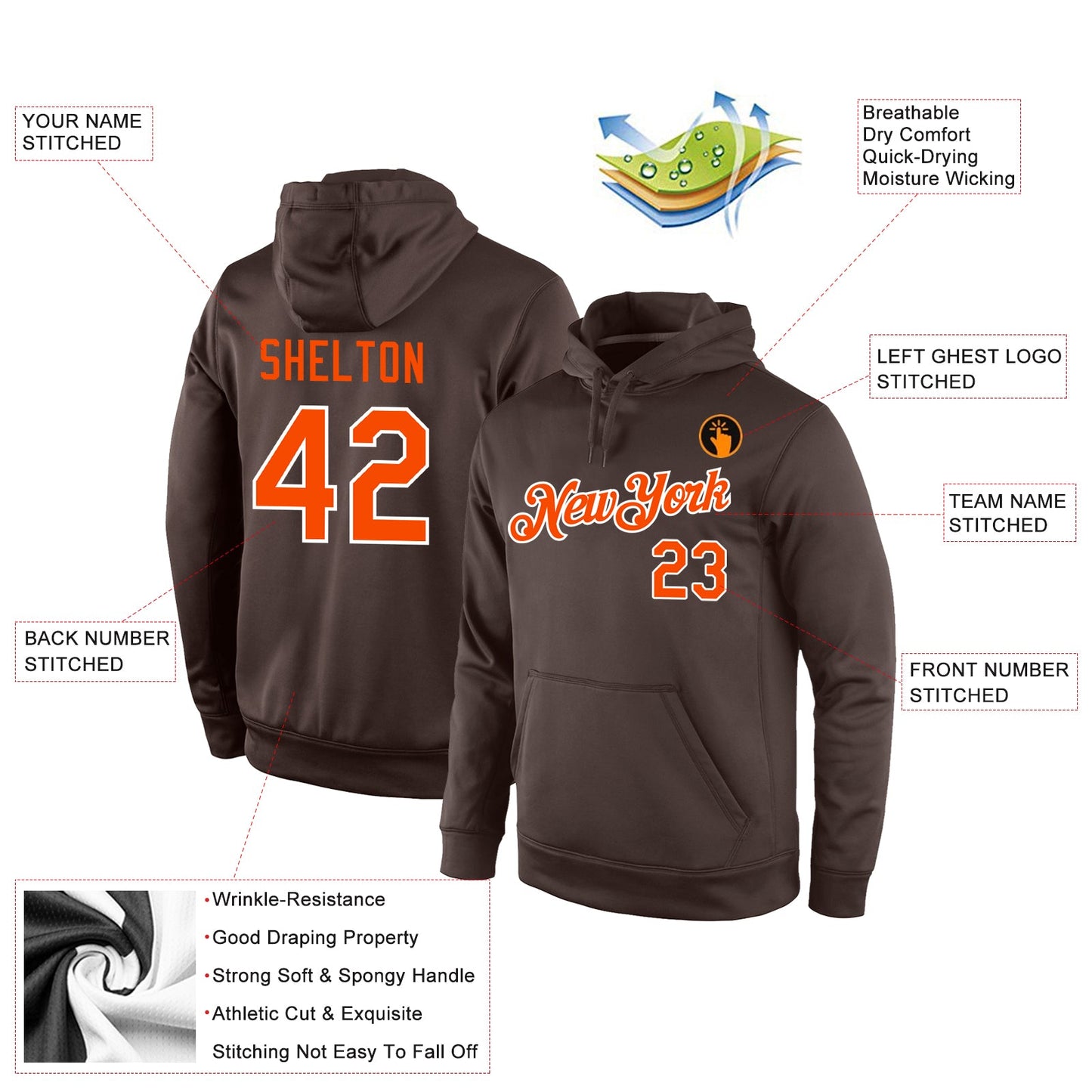 Custom Stitched Brown Orange-White Sports Pullover Sweatshirt Hoodie view 4