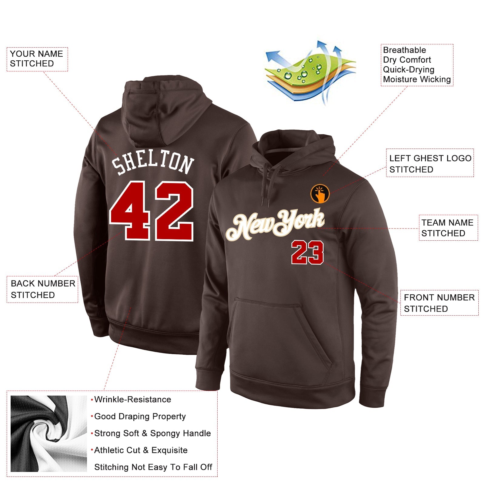 Custom Stitched Brown Red-White Sports Pullover Sweatshirt Hoodie view 4