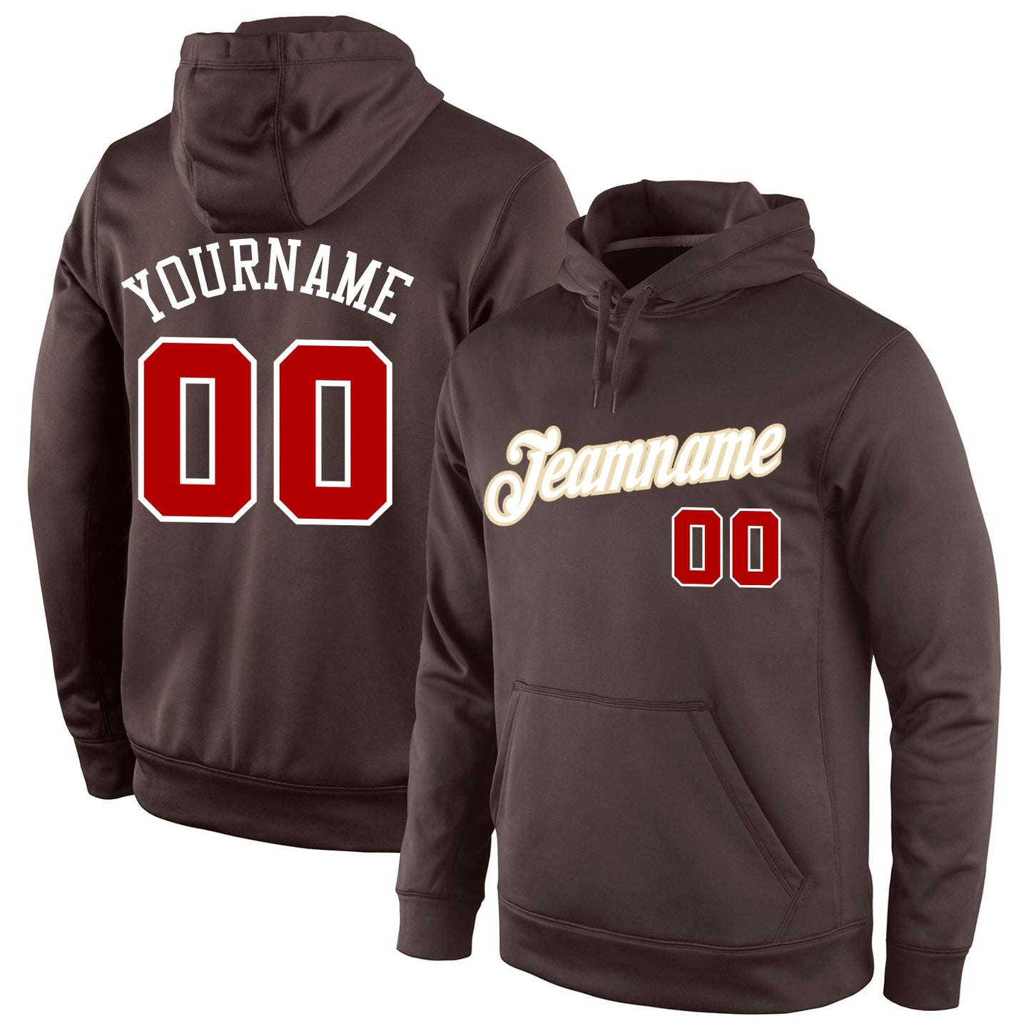 Custom Stitched Brown Red-White Sports Pullover Sweatshirt Hoodie - Main View