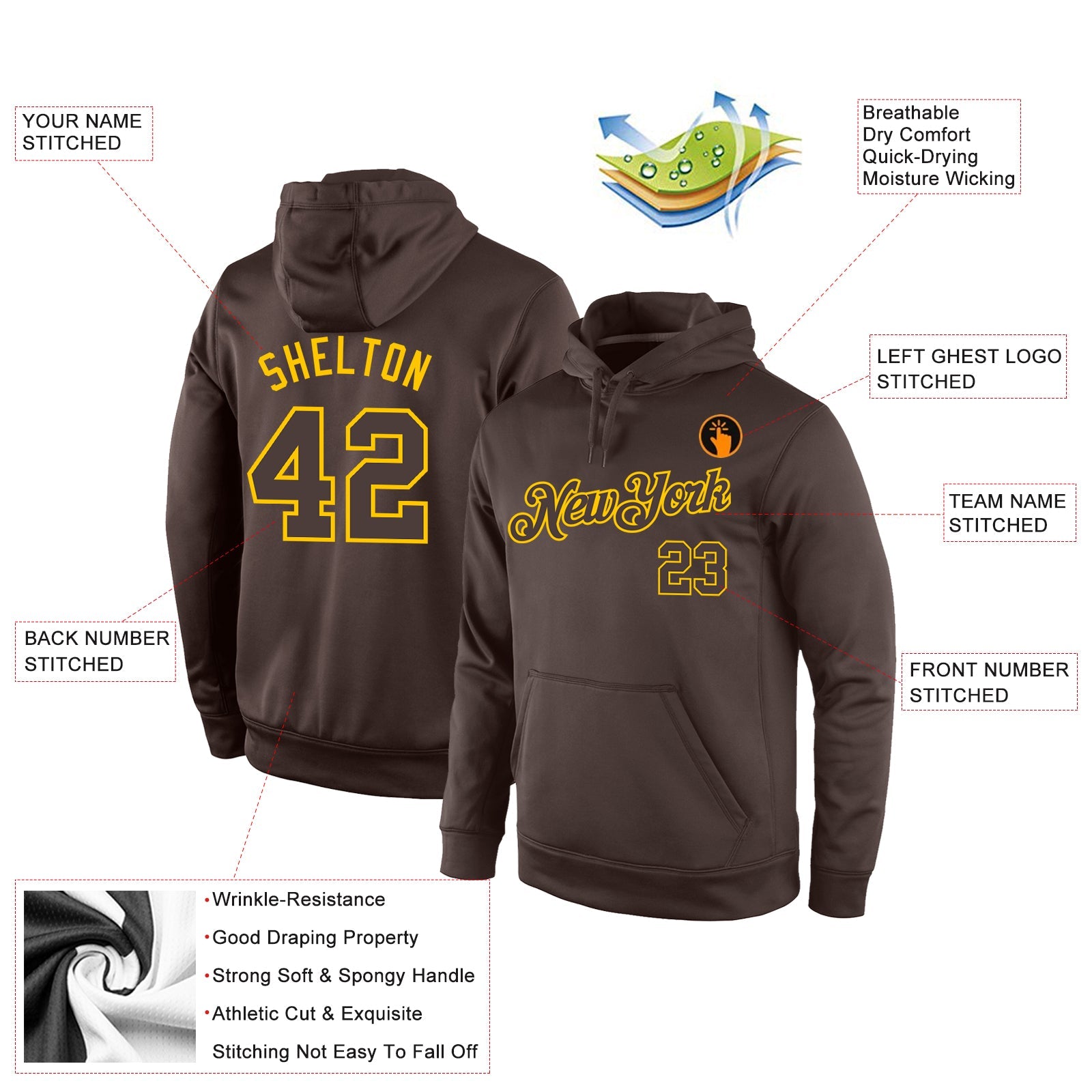 Custom Stitched Brown Brown-Gold Sports Pullover Sweatshirt Hoodie view 4