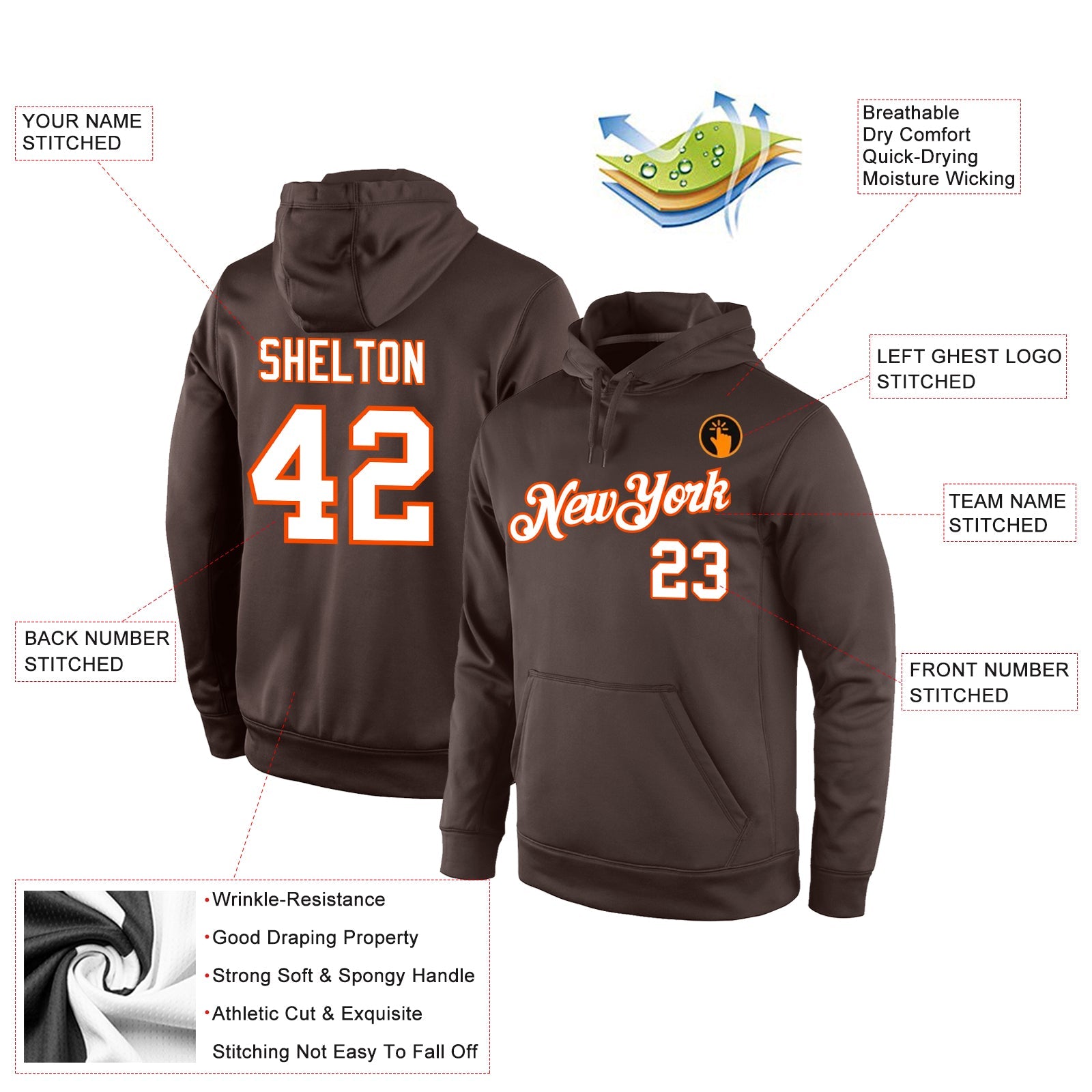 Custom Stitched Brown White-Orange Sports Pullover Sweatshirt Hoodie view 4