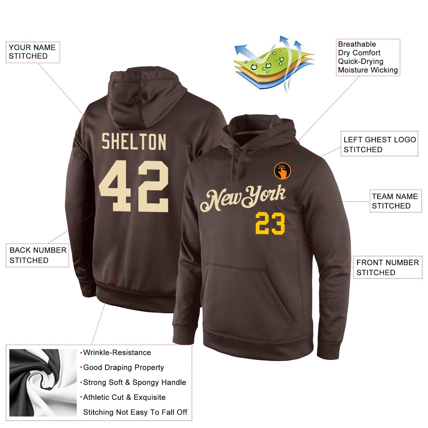 Custom Stitched Brown Cream-Gold Sports Pullover Sweatshirt Hoodie view 4