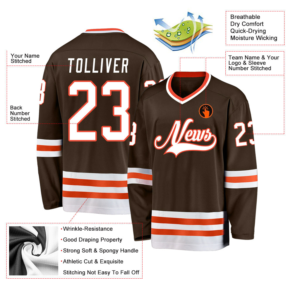 Custom Brown White-Orange Hockey Jersey view 4