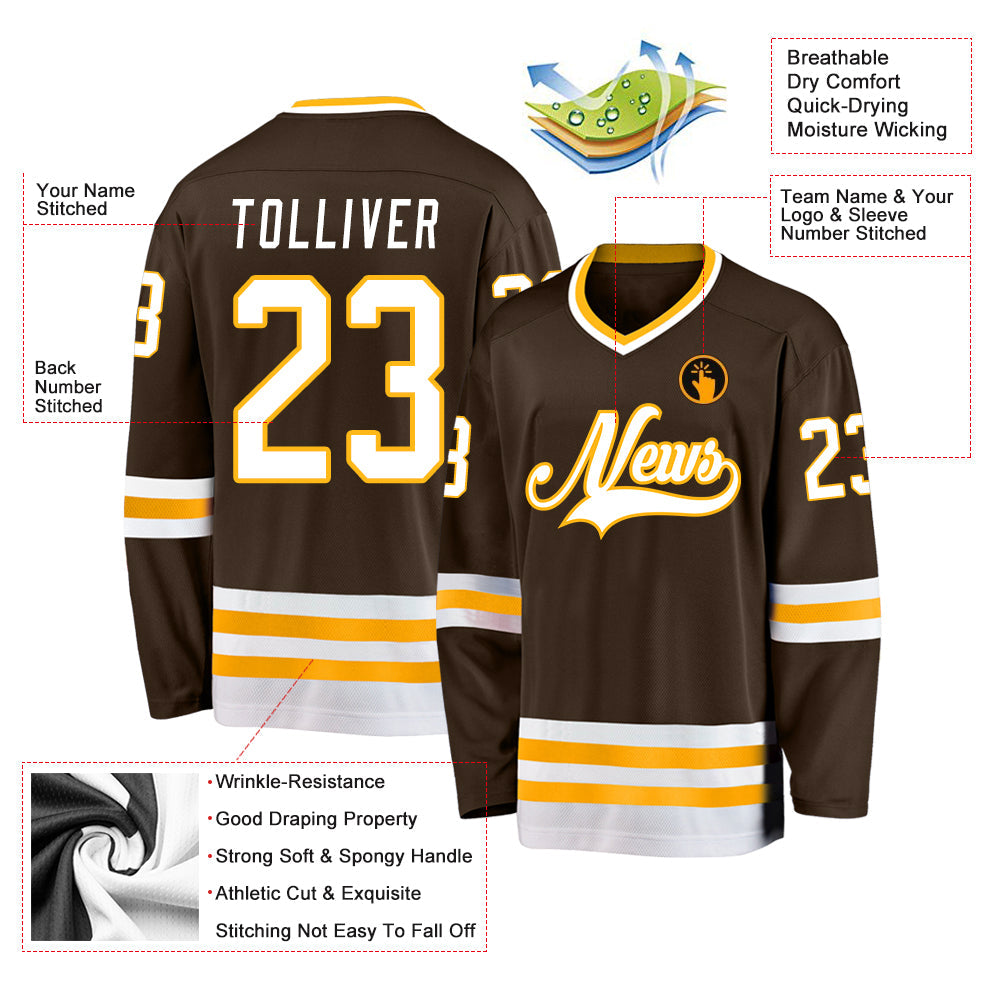 Custom Brown White-Gold Hockey Jersey view 4
