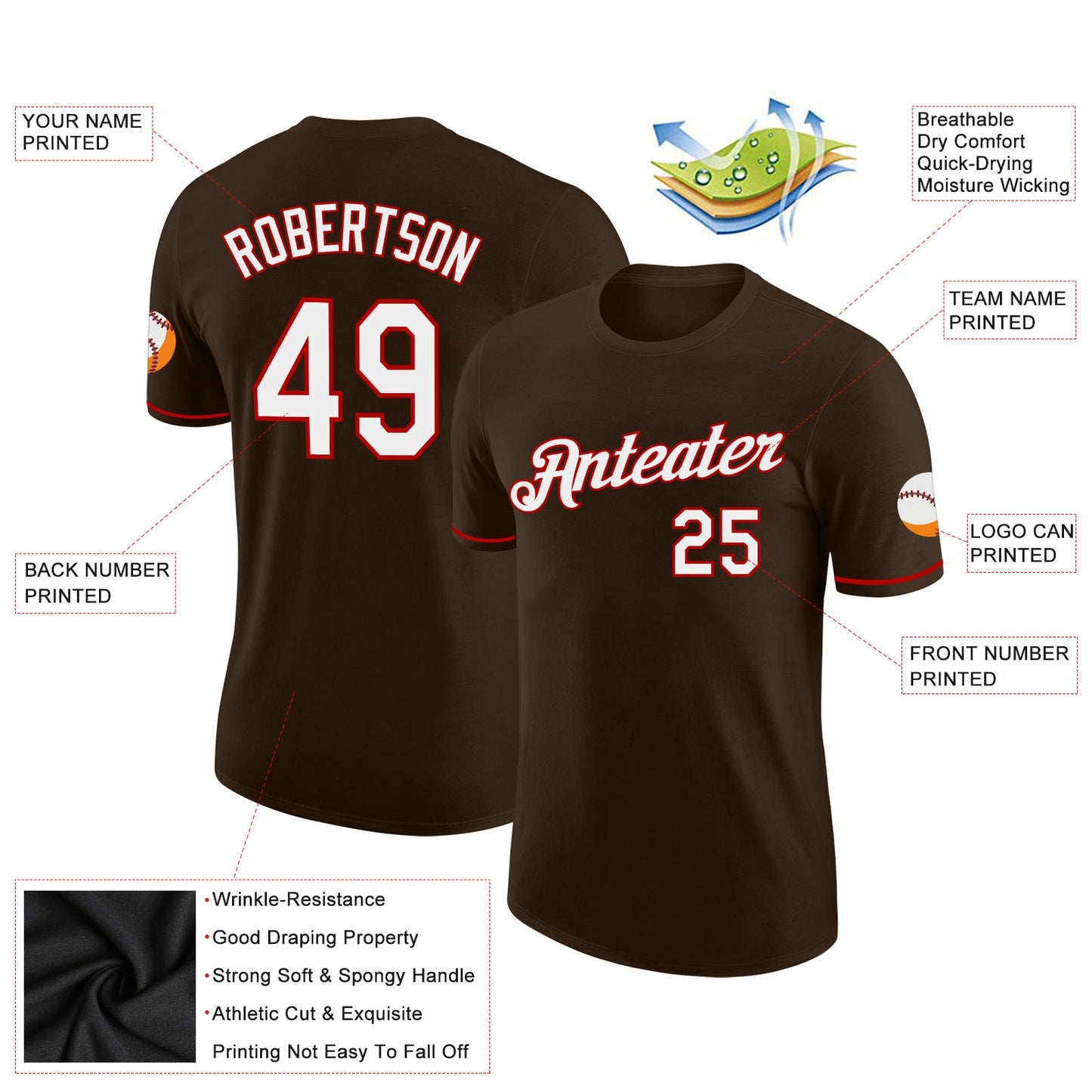 Custom Brown White-Red Performance T-Shirt view 2