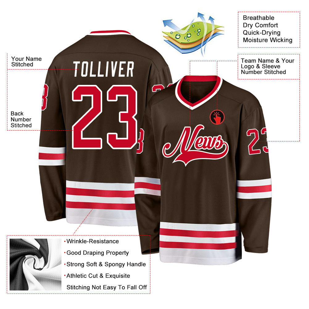 Custom Brown Red-White Hockey Jersey view 2