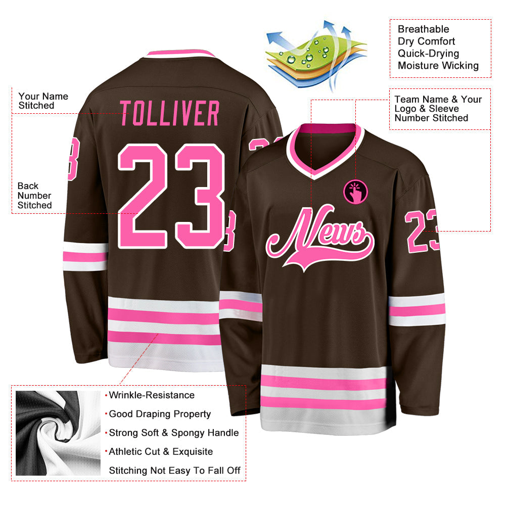 Custom Brown Pink-White Hockey Jersey view 2