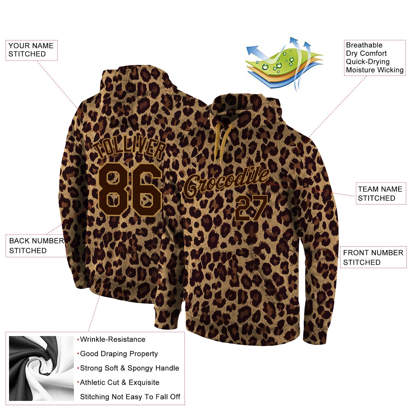 Custom Stitched Brown Brown-Old Gold 3D Pattern Design Leopard Sports Pullover Sweatshirt Hoodie view 2