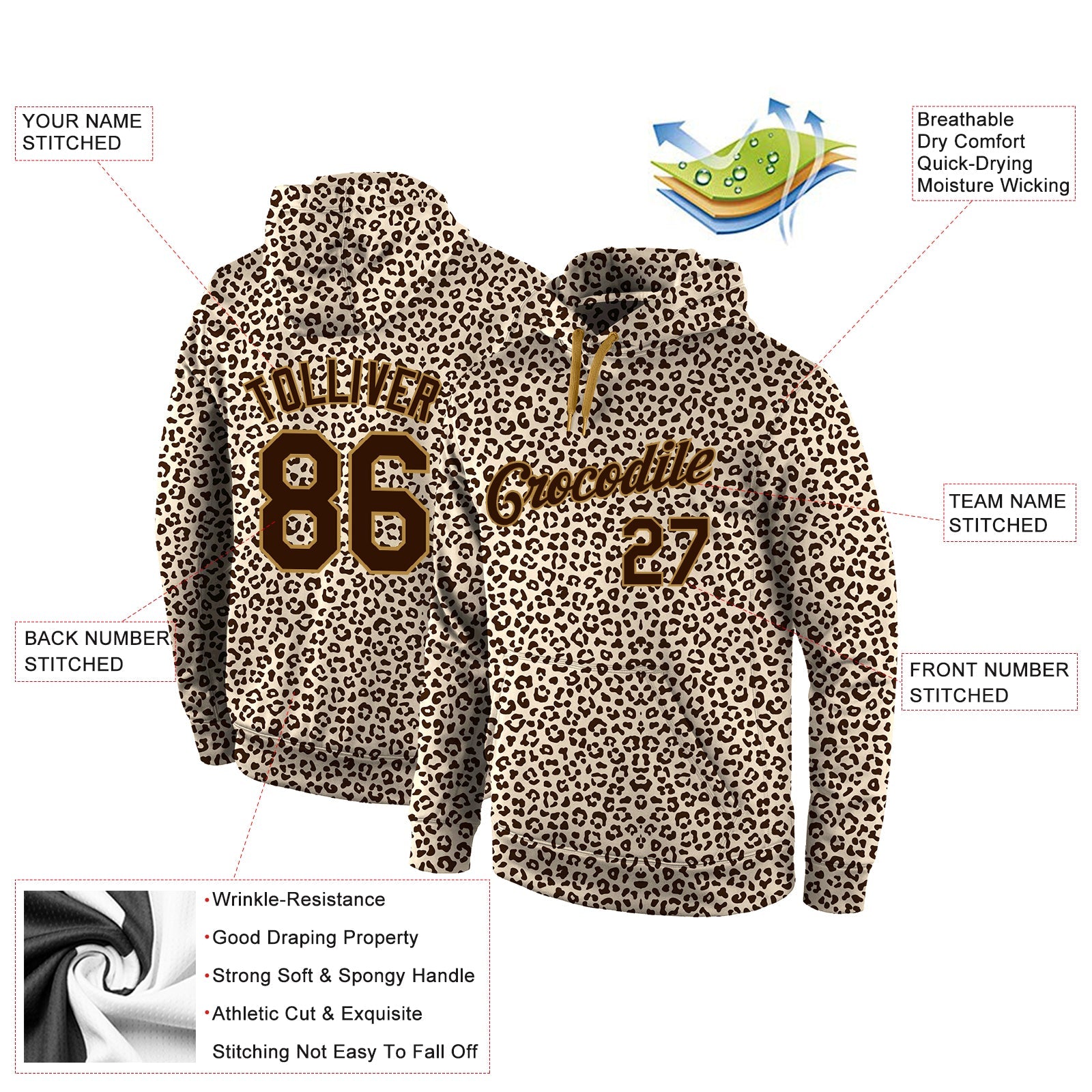 Custom Stitched Brown Brown-Old Gold 3D Pattern Design Leopard Sports Pullover Sweatshirt Hoodie view 2