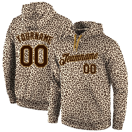 Custom Stitched Brown Brown-Old Gold 3D Pattern Design Leopard Sports Pullover Sweatshirt Hoodie - Main View