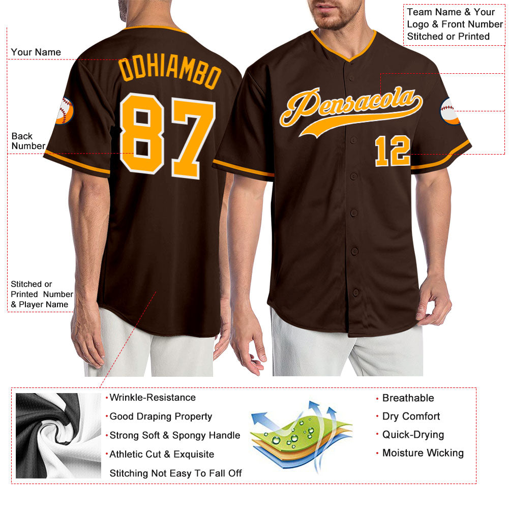 Custom Brown Gold-White Authentic Baseball Jersey view 3