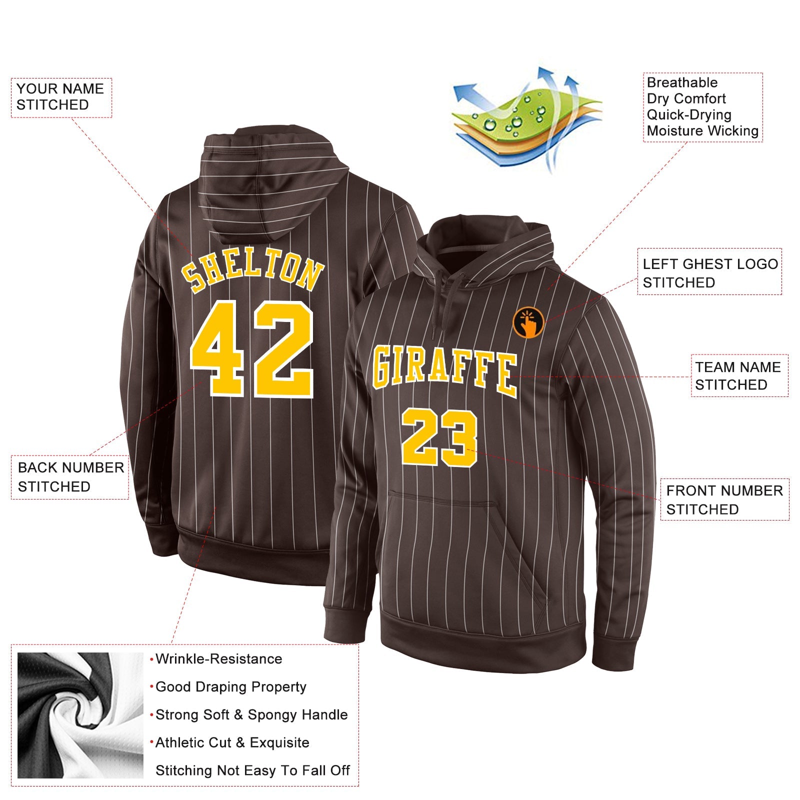 Custom Stitched Brown White Pinstripe Gold-White Sports Pullover Sweatshirt Hoodie view 2