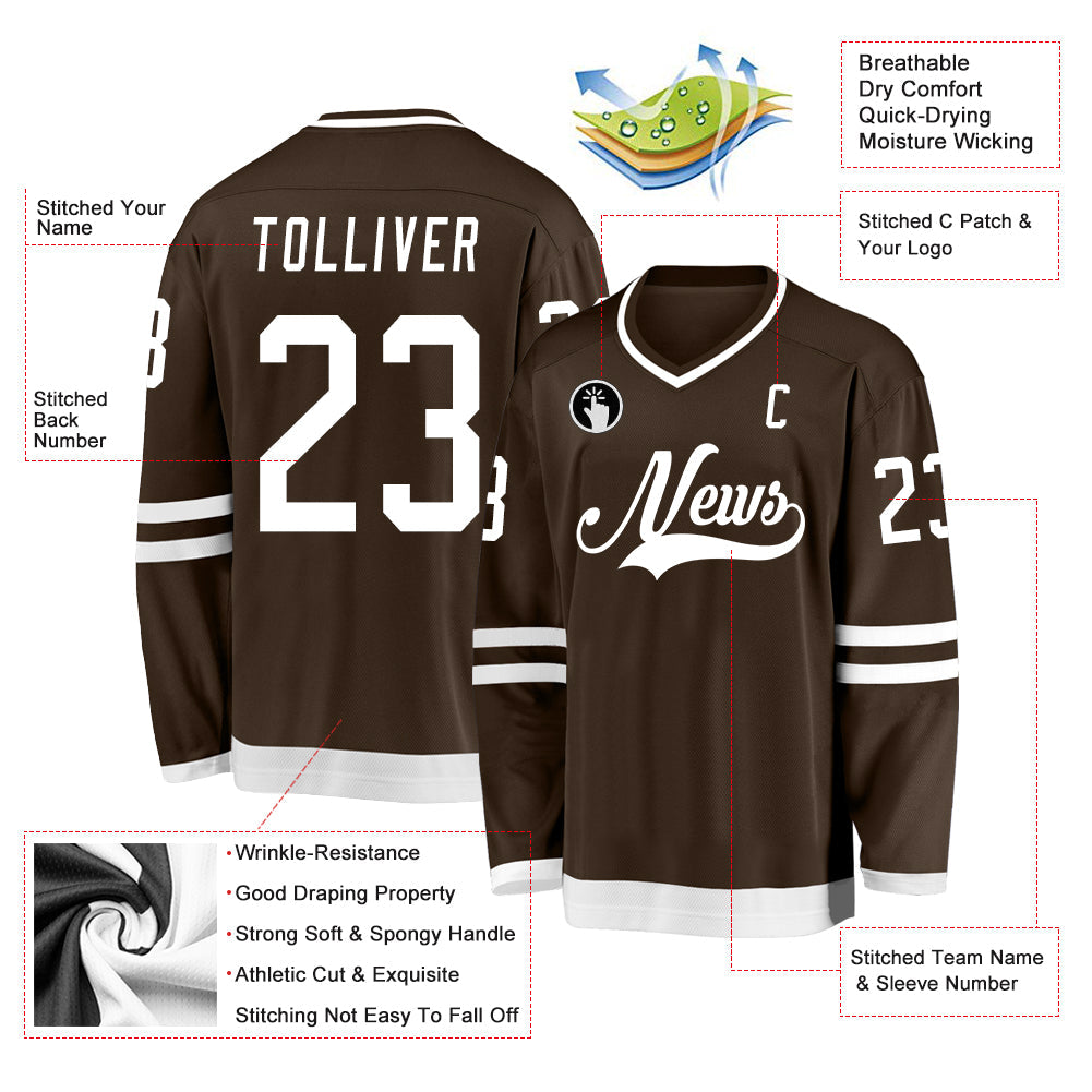Custom Brown White Hockey Jersey view 2
