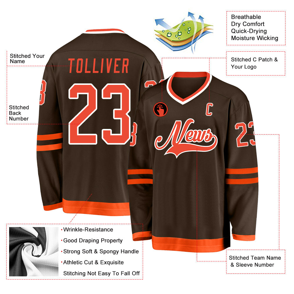 Custom Brown Orange-White Hockey Jersey view 2