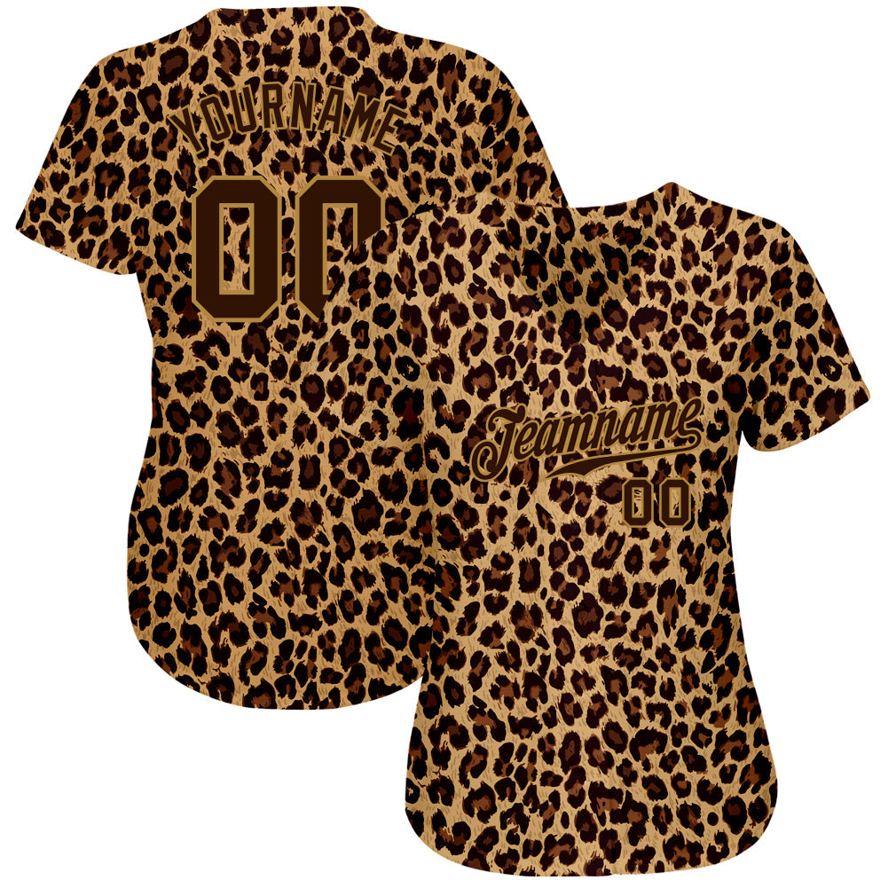 Custom Brown Brown-Old Gold 3D Pattern Design Leopard Authentic Baseball Jersey view 2