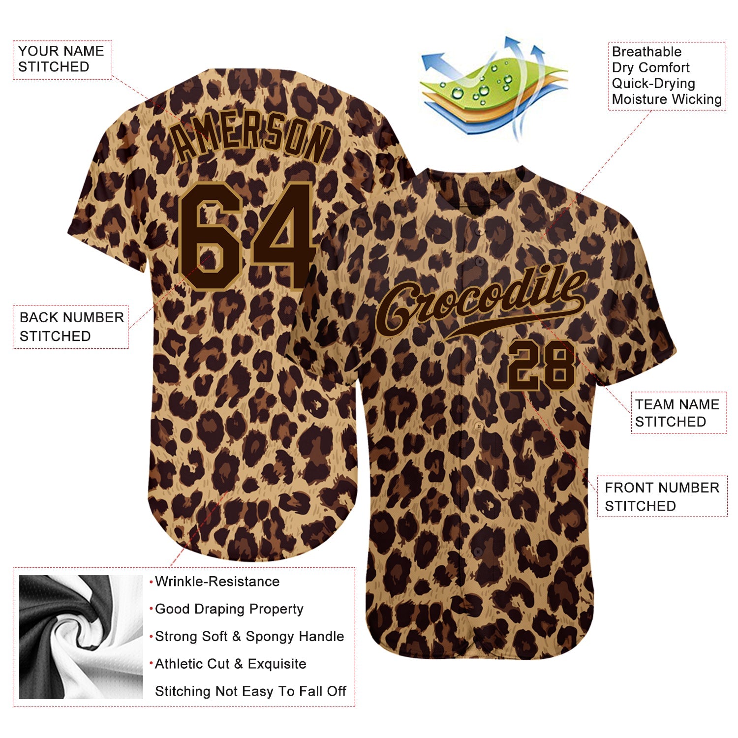 Custom Brown Brown-Old Gold 3D Pattern Design Leopard Authentic Baseball Jersey view 3