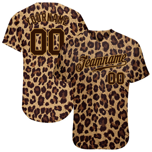 Custom Brown Brown-Old Gold 3D Pattern Design Leopard Authentic Baseball Jersey - Main View