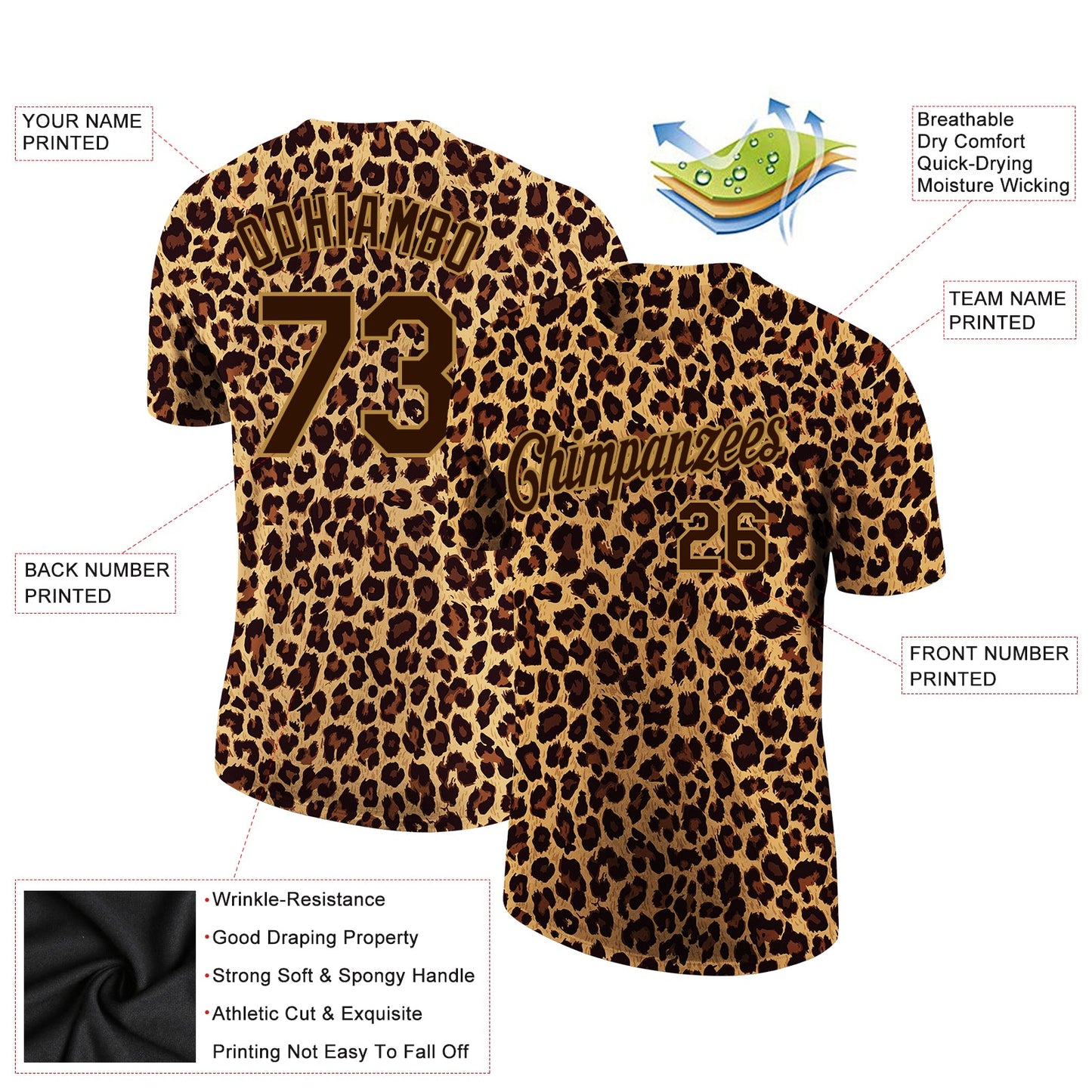 Custom Brown Brown-Old Gold 3D Pattern Design Leopard Performance T-Shirt view 2