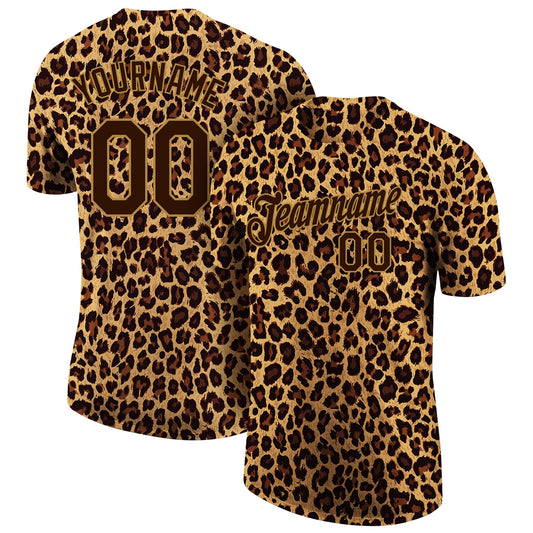 Custom Brown Brown-Old Gold 3D Pattern Design Leopard Performance T-Shirt - Main View