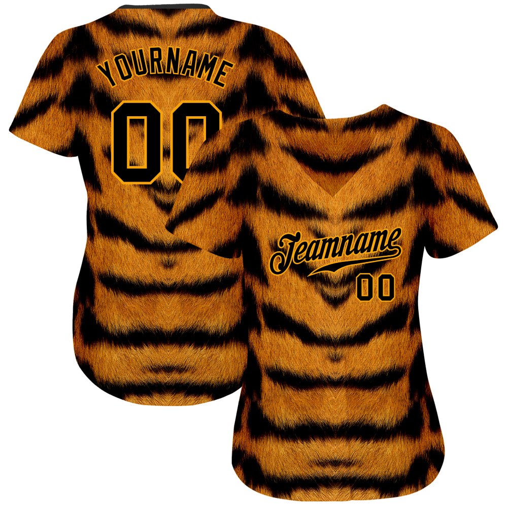 Custom Brown Black-Gold 3D Pattern Design Tiger Authentic Baseball Jersey view 2