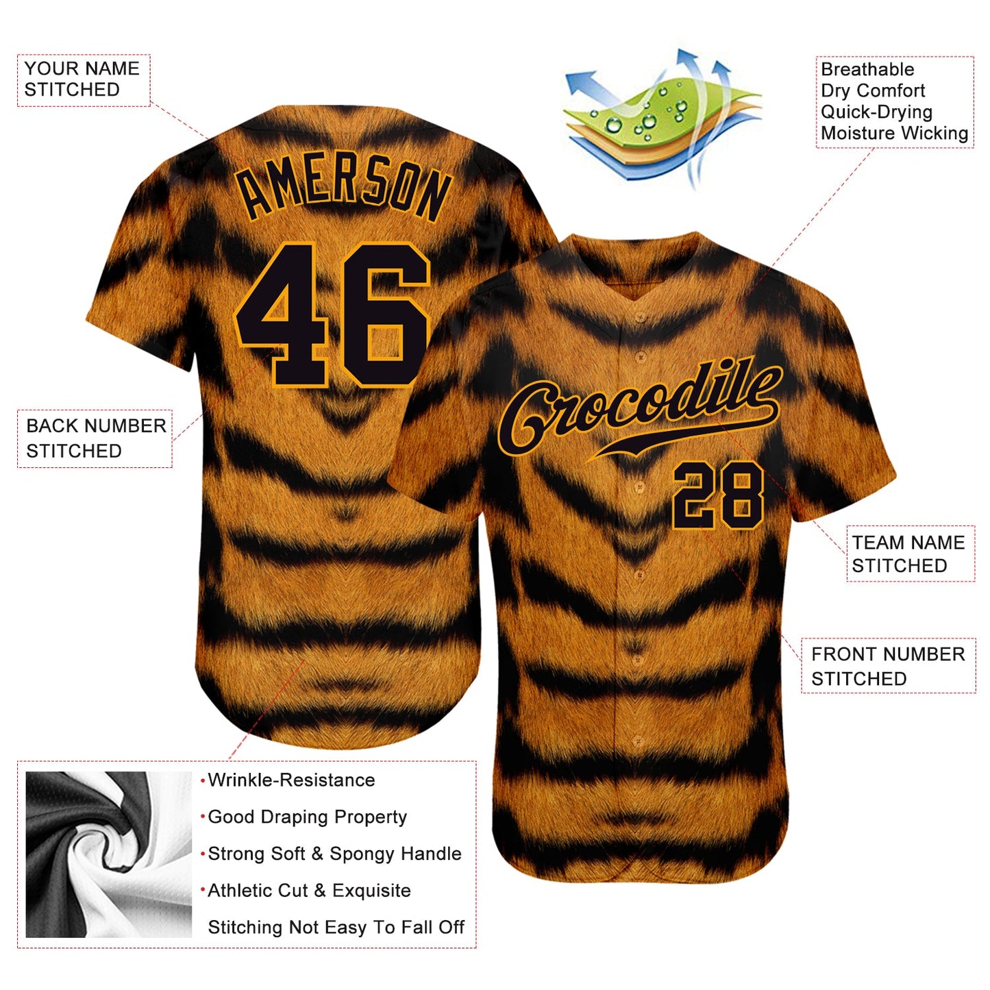Custom Brown Black-Gold 3D Pattern Design Tiger Authentic Baseball Jersey view 3