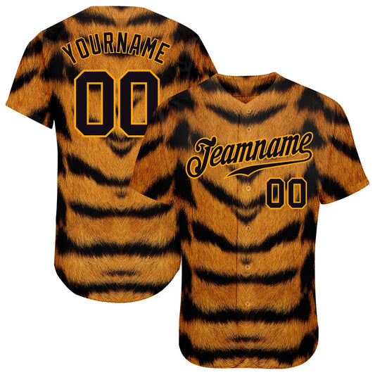 Custom Brown Black-Gold 3D Pattern Design Tiger Authentic Baseball Jersey - Main View