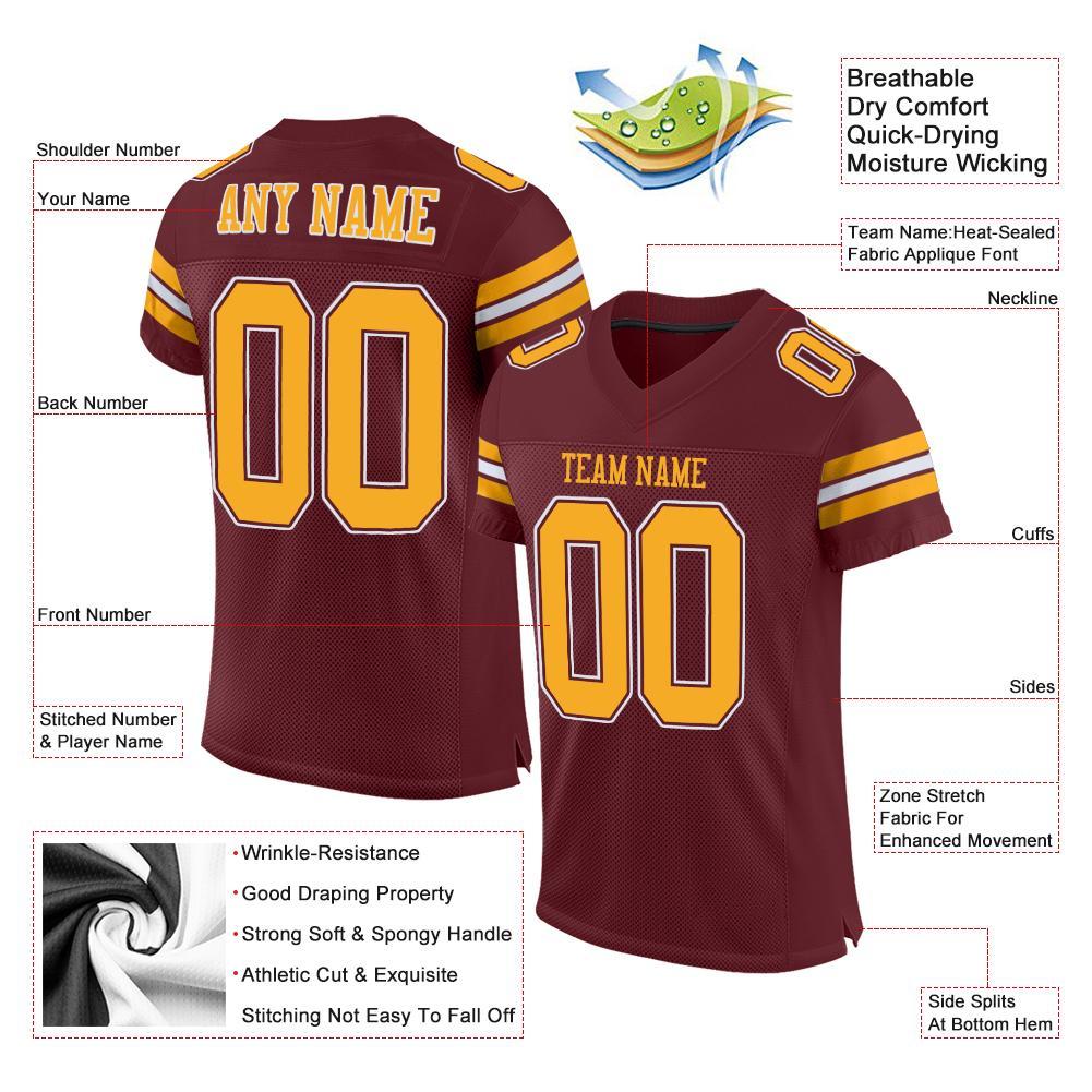 Custom Burgundy Gold-White Mesh Authentic Football Jersey view 4