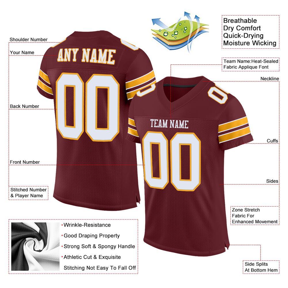 Custom Burgundy White-Gold Mesh Authentic Football Jersey view 5