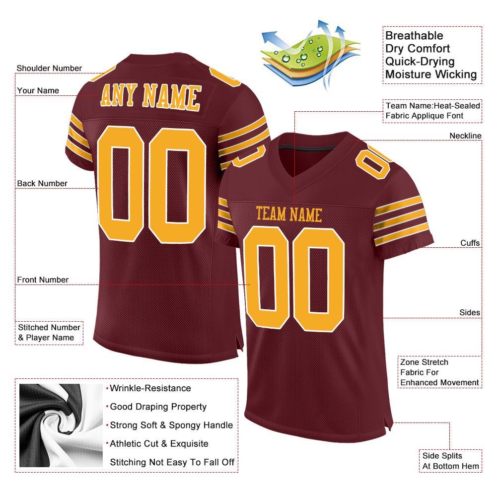 Custom Burgundy Gold-White Mesh Authentic Football Jersey view 4