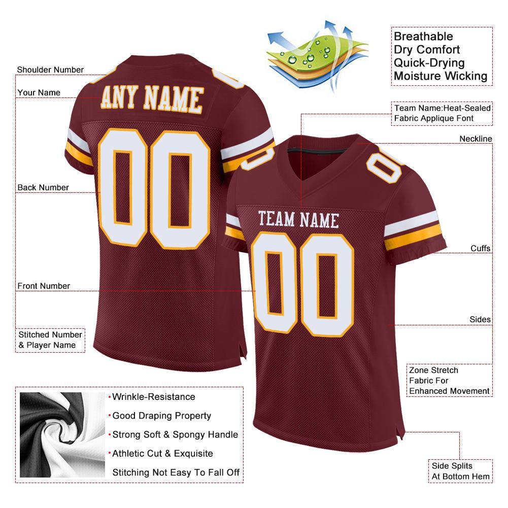 Custom Burgundy White-Gold Mesh Authentic Football Jersey view 4