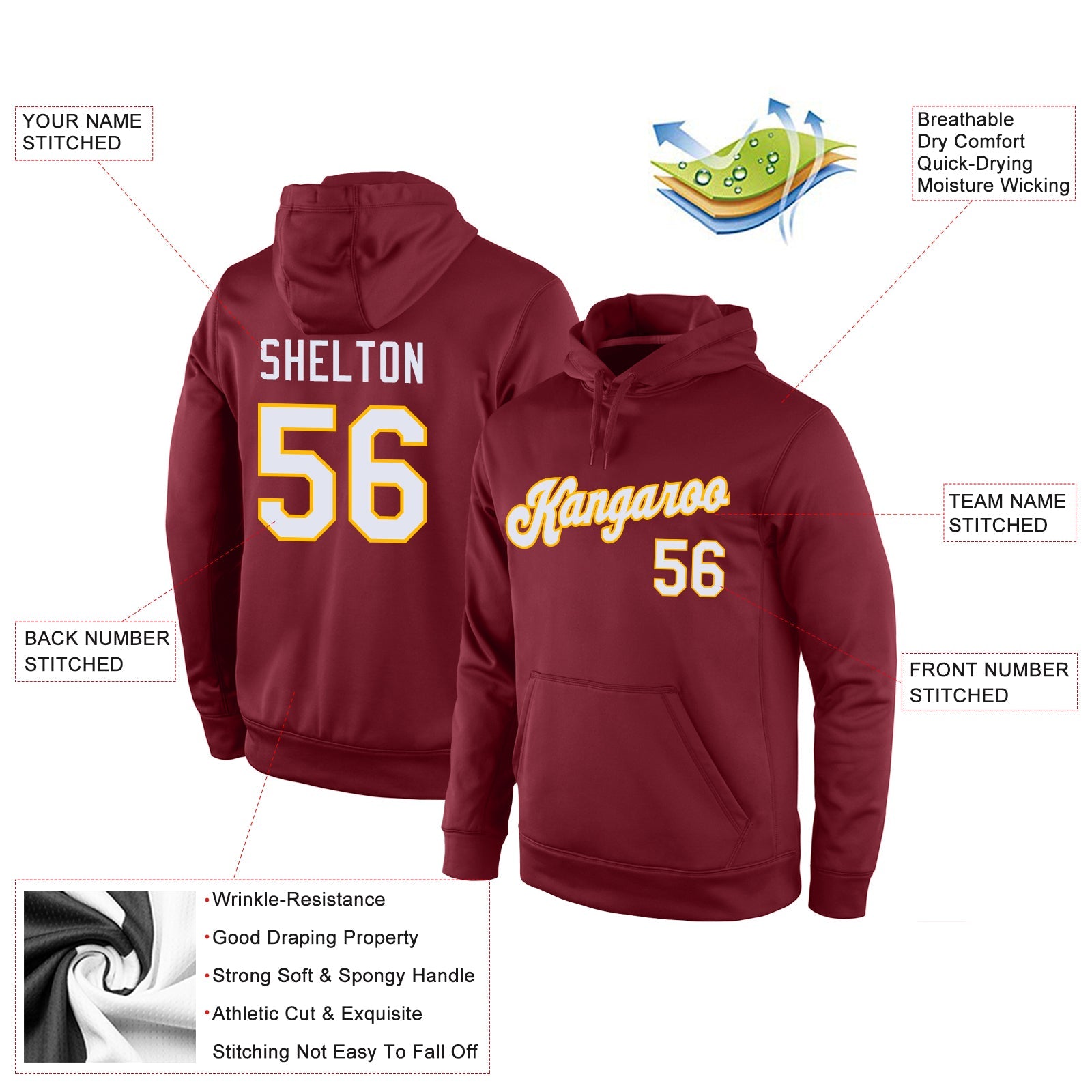 Custom Stitched Burgundy White-Gold Sports Pullover Sweatshirt Hoodie view 4