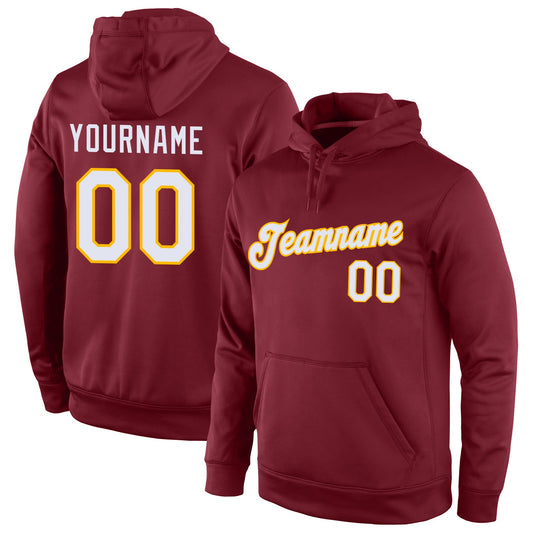 Custom Stitched Burgundy White-Gold Sports Pullover Sweatshirt Hoodie - Main View