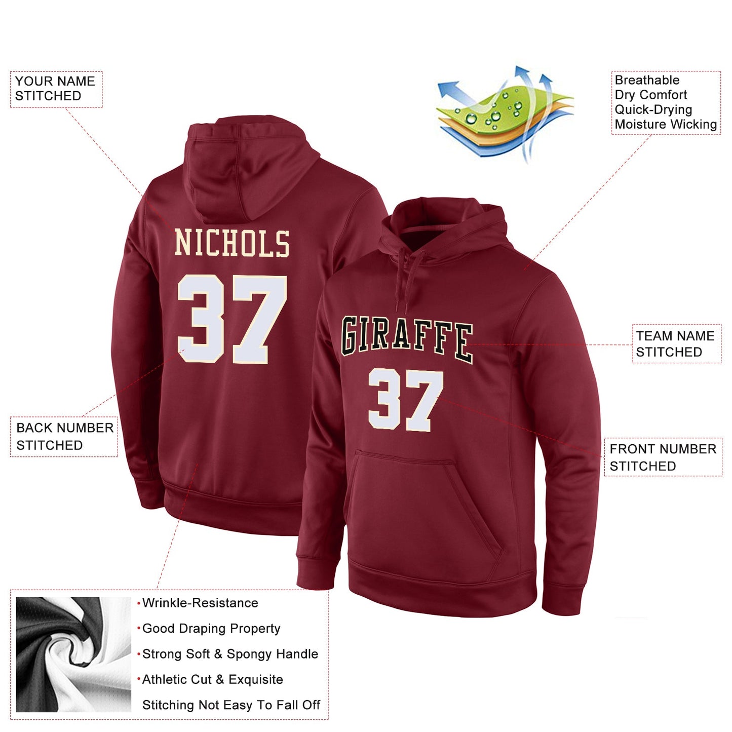 Custom Stitched Burgundy White-Cream Sports Pullover Sweatshirt Hoodie view 4