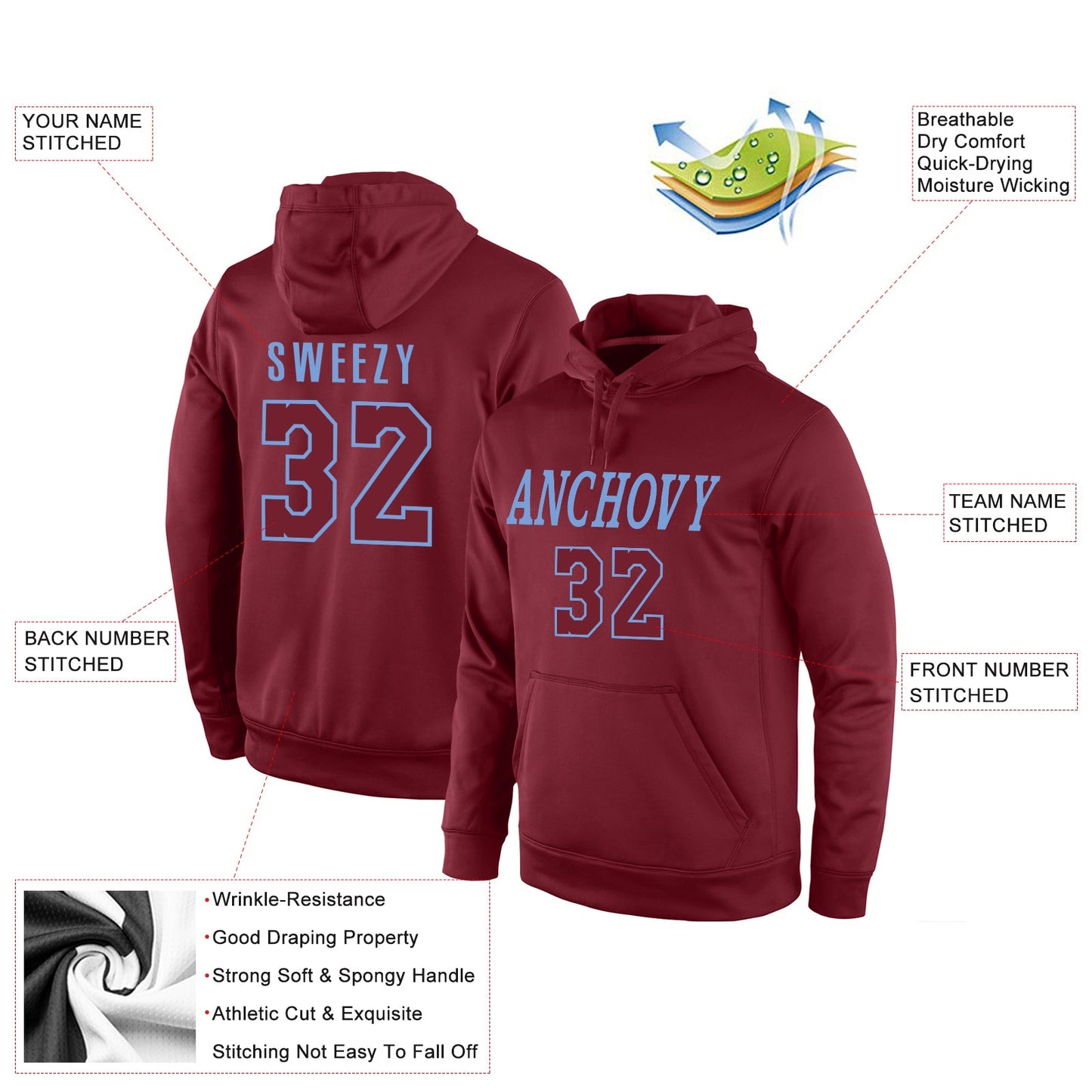Custom Stitched Burgundy Burgundy-Light Blue Sports Pullover Sweatshirt Hoodie view 4