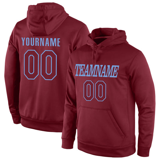 Custom Stitched Burgundy Burgundy-Light Blue Sports Pullover Sweatshirt Hoodie - Main View