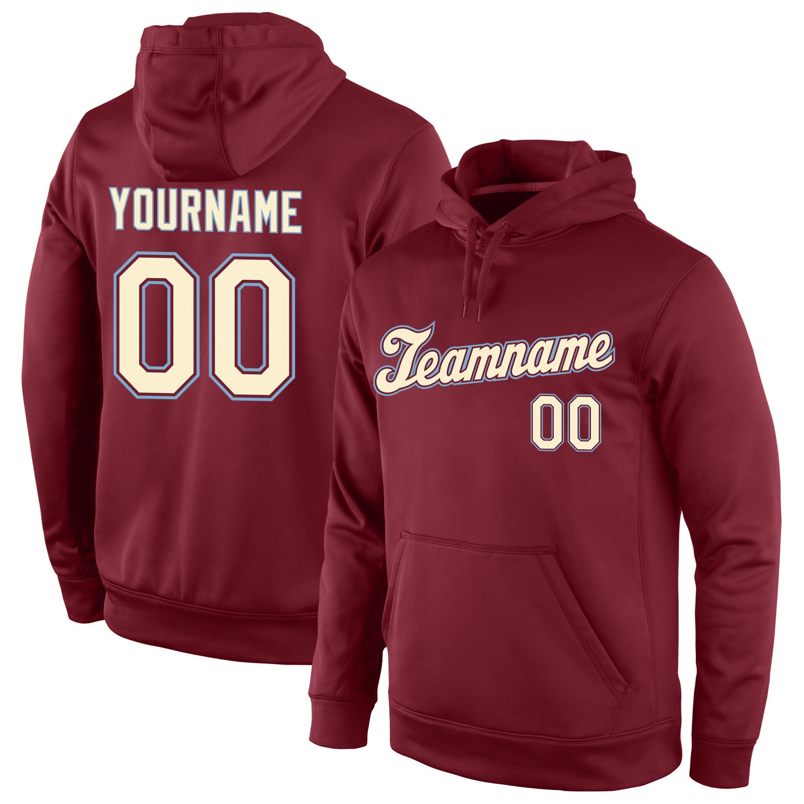 Custom Stitched Burgundy Cream-Light Blue Sports Pullover Sweatshirt Hoodie - Main View