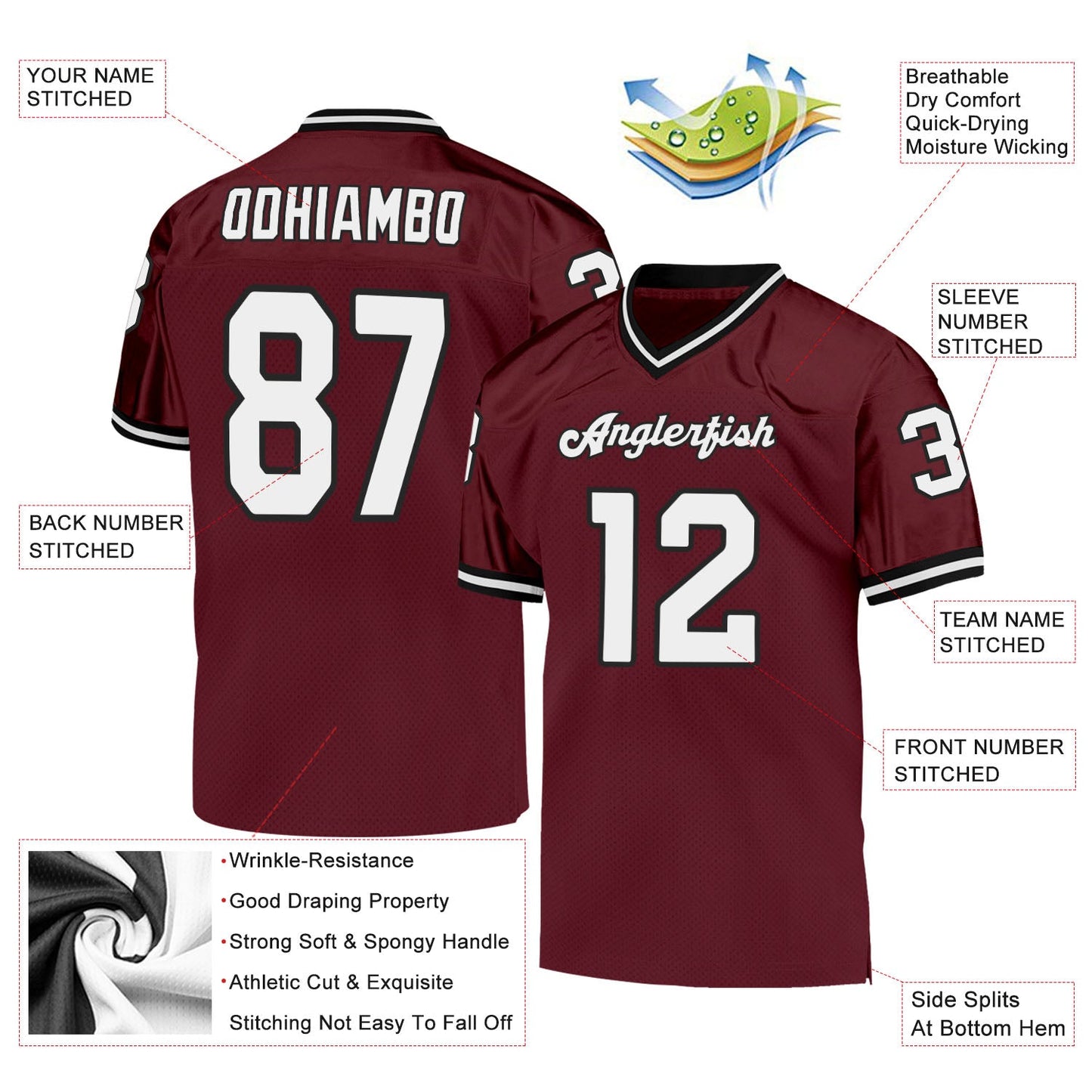 Custom Burgundy White-Black Mesh Authentic Throwback Football Jersey view 4