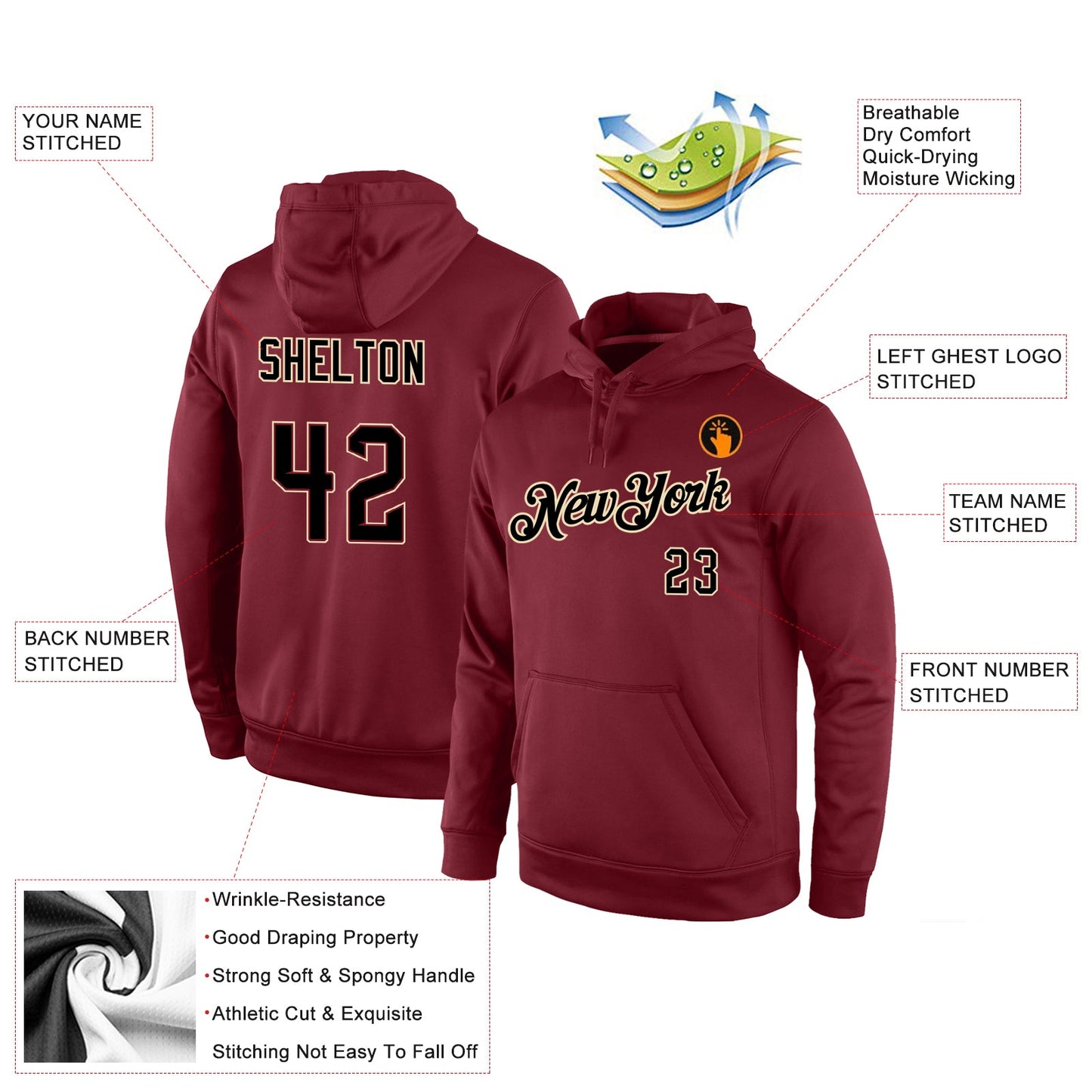 Custom Stitched Burgundy Black-Cream Sports Pullover Sweatshirt Hoodie view 4