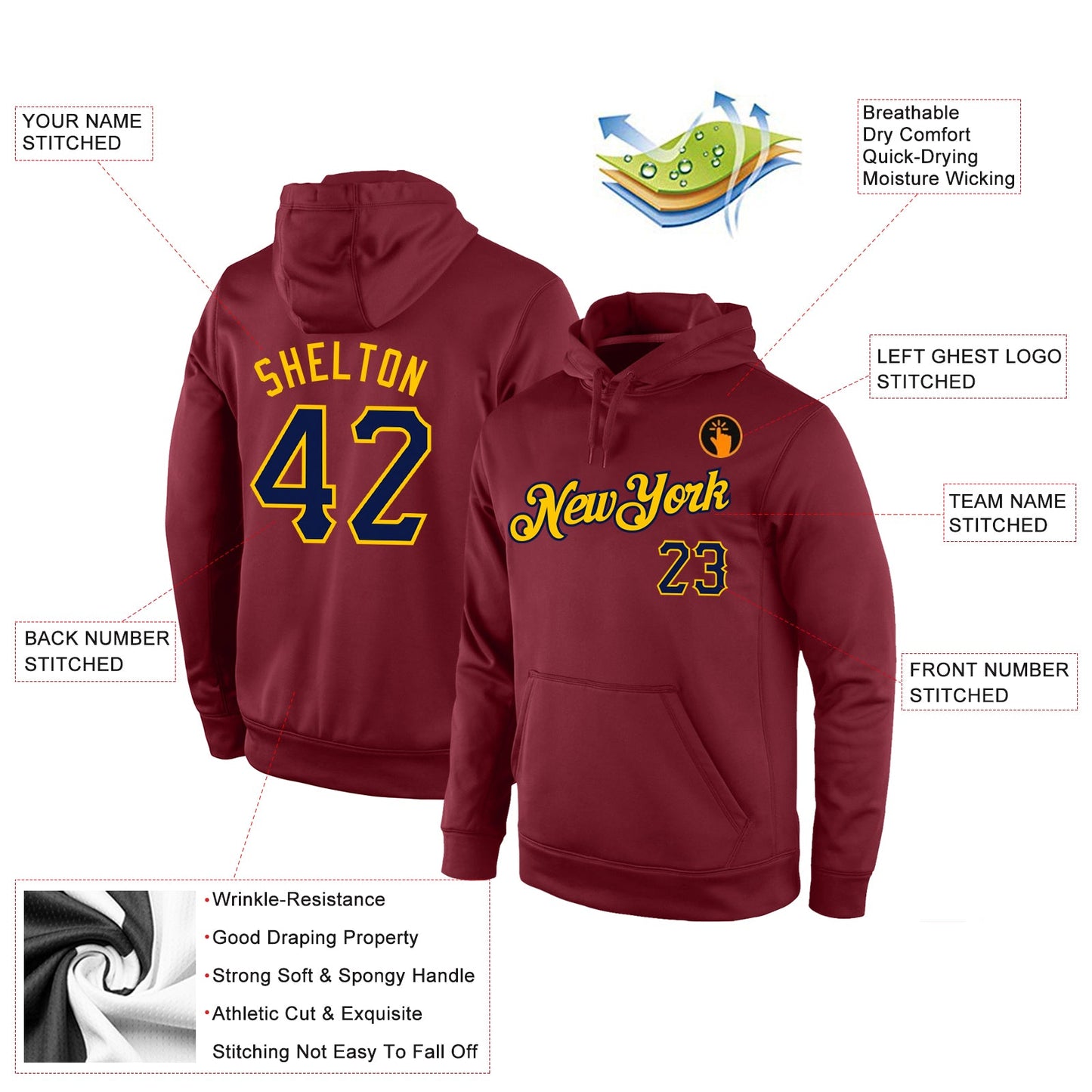 Custom Stitched Burgundy Navy-Gold Sports Pullover Sweatshirt Hoodie view 4