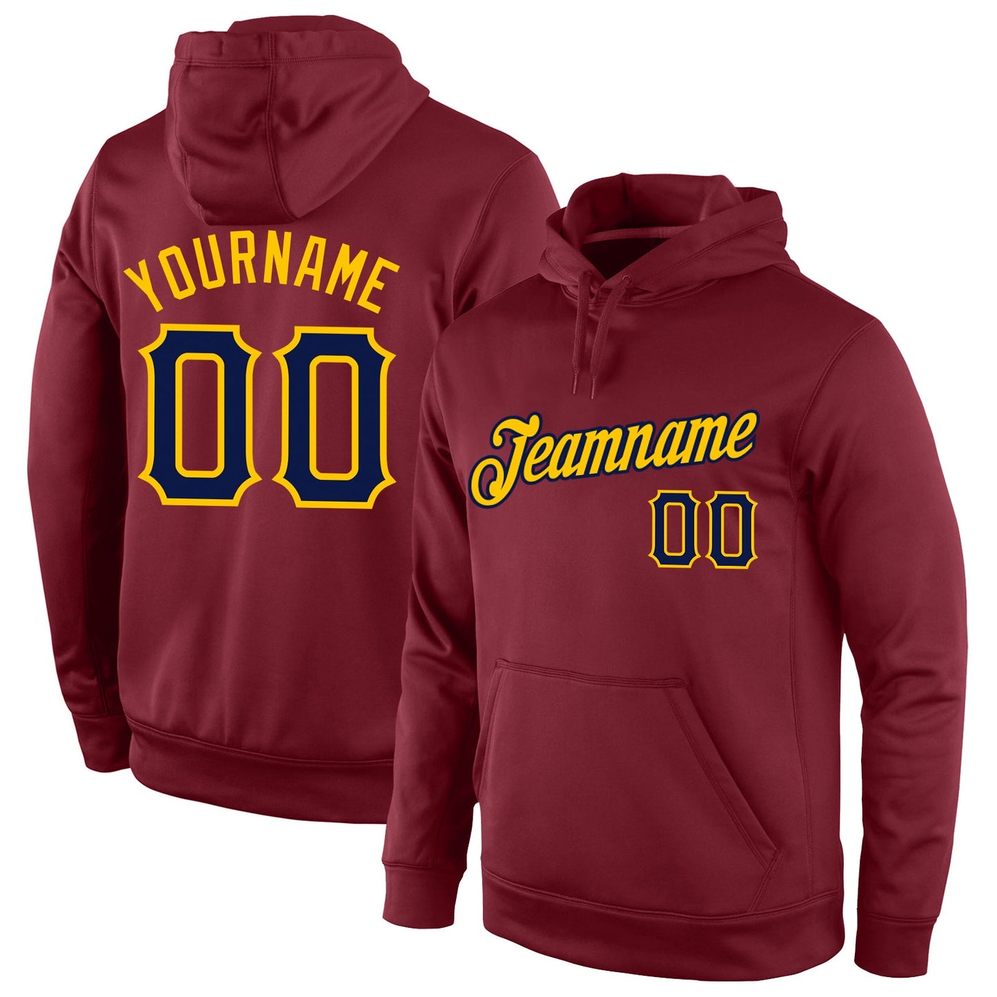 Custom Stitched Burgundy Navy-Gold Sports Pullover Sweatshirt Hoodie - Main View