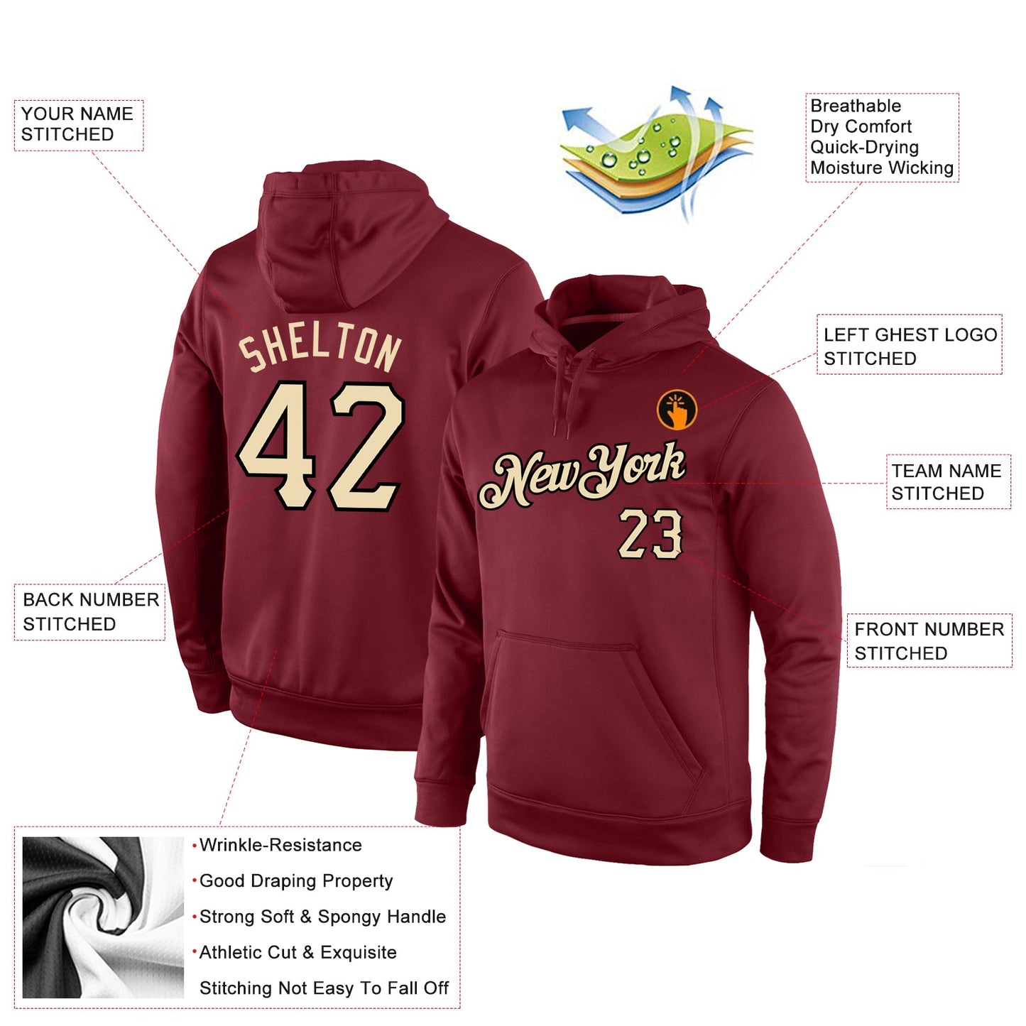 Custom Stitched Burgundy Cream-Black Sports Pullover Sweatshirt Hoodie view 4