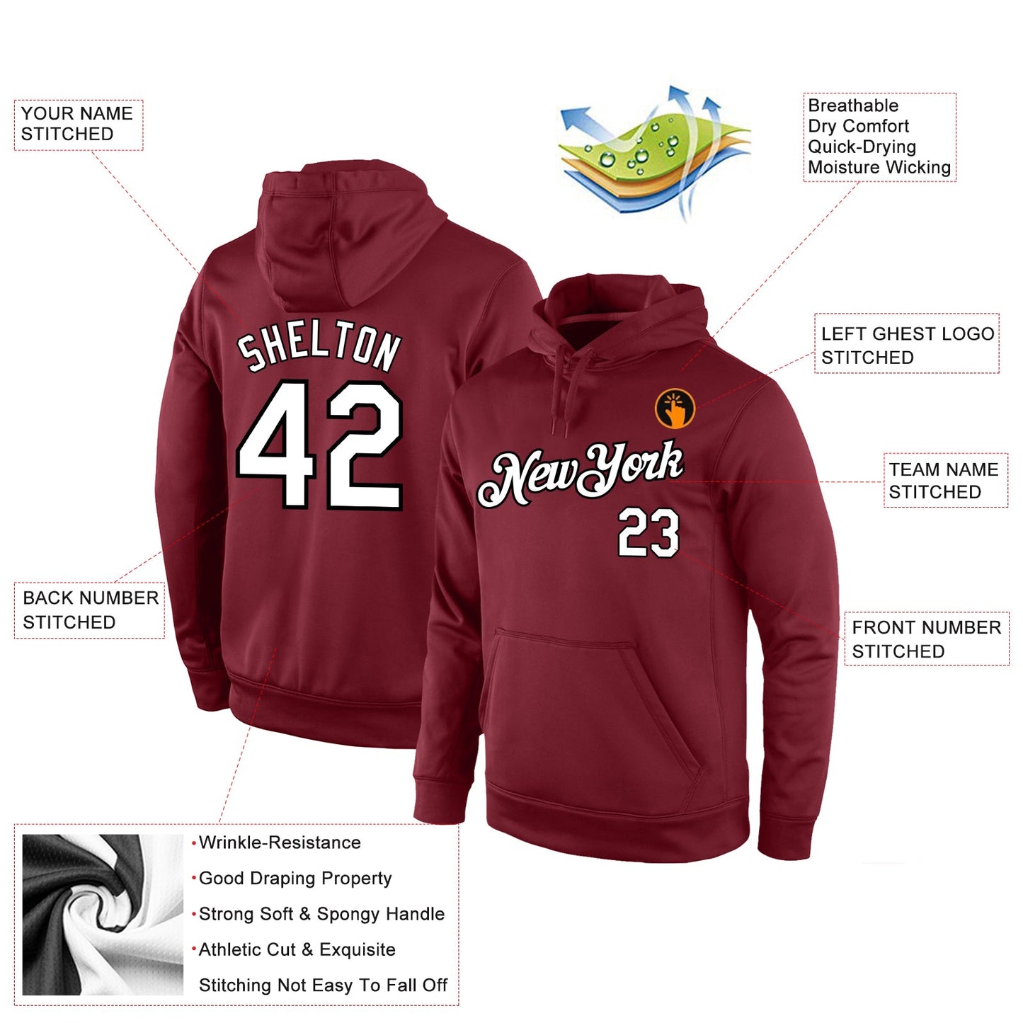 Custom Stitched Burgundy White-Black Sports Pullover Sweatshirt Hoodie view 4