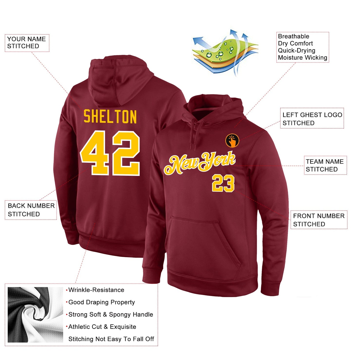 Custom Stitched Burgundy Gold-White Sports Pullover Sweatshirt Hoodie view 4