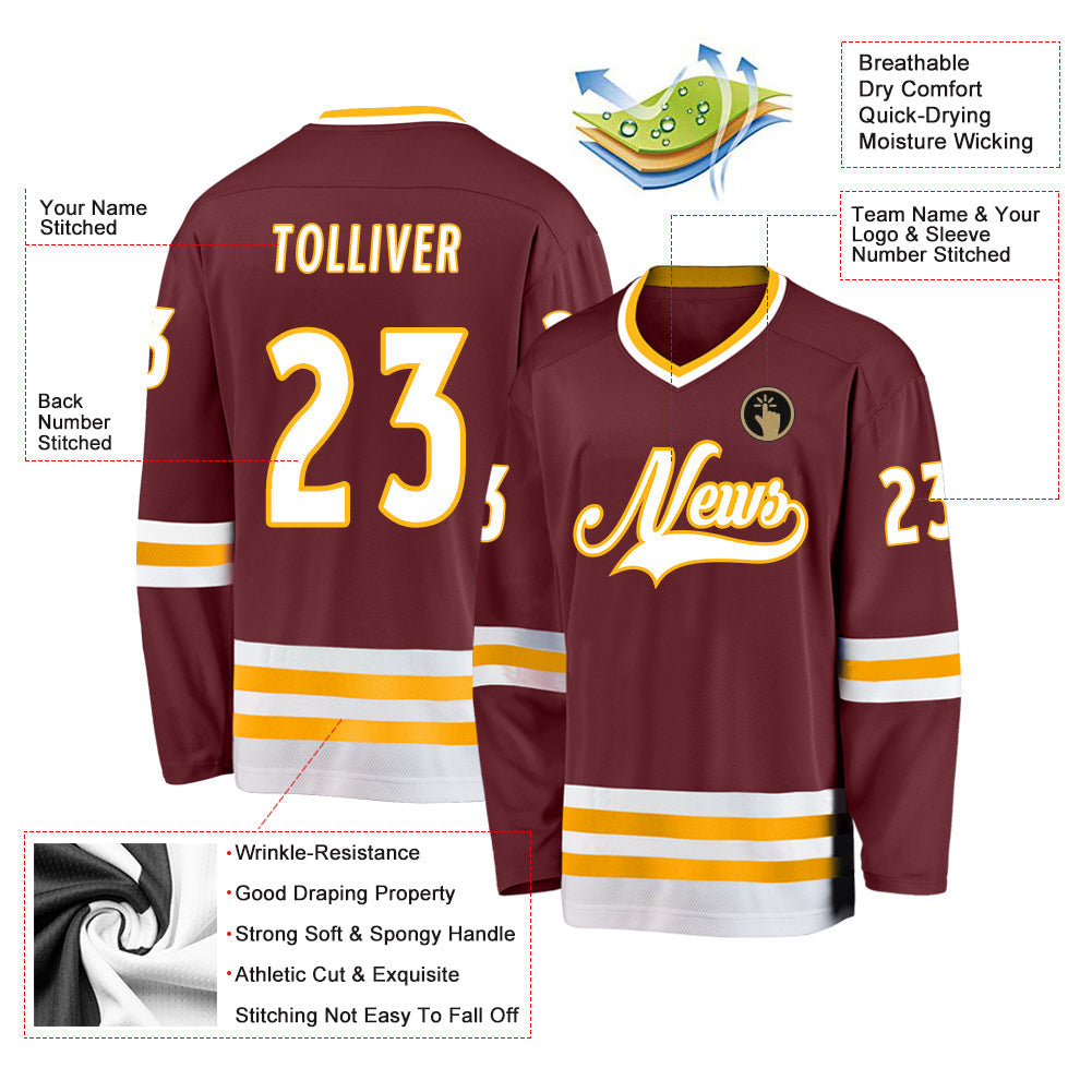 Custom Burgundy White-Gold Hockey Jersey view 2