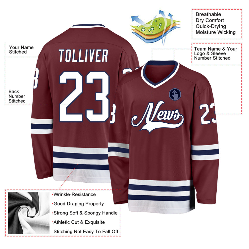 Custom Burgundy White-Navy Hockey Jersey view 2